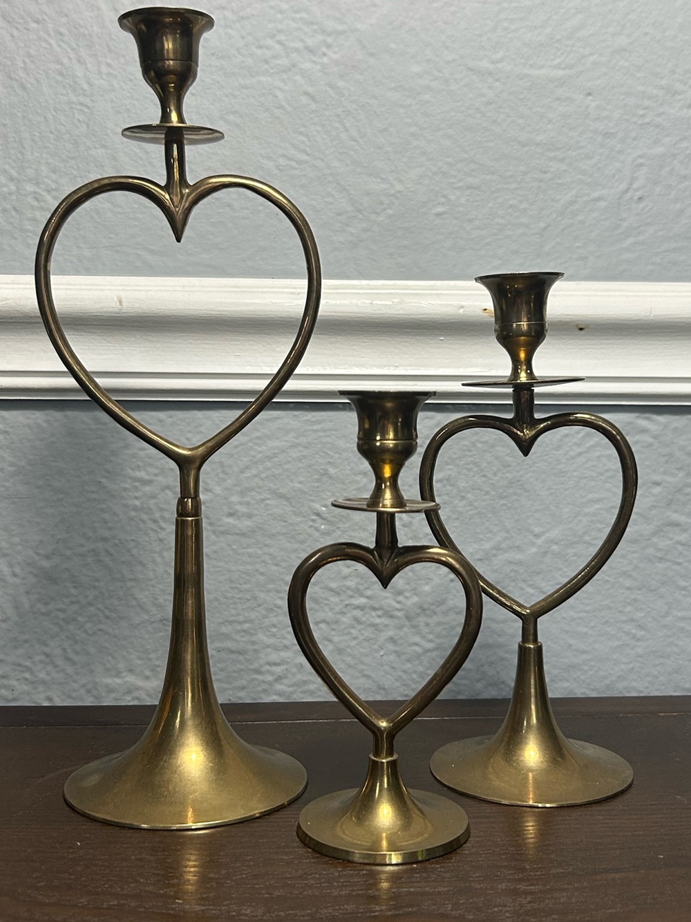MCM Set of 3 Brass Open Heart Candlestick Holders BOHO India Trio 6.5"- 8"- 12"